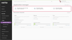 Educator account in Xello, on the Application manager page. Three tiles are highlighted. They say "Documents due in the next 7 days", "Documents overdue", and "Documents expired".